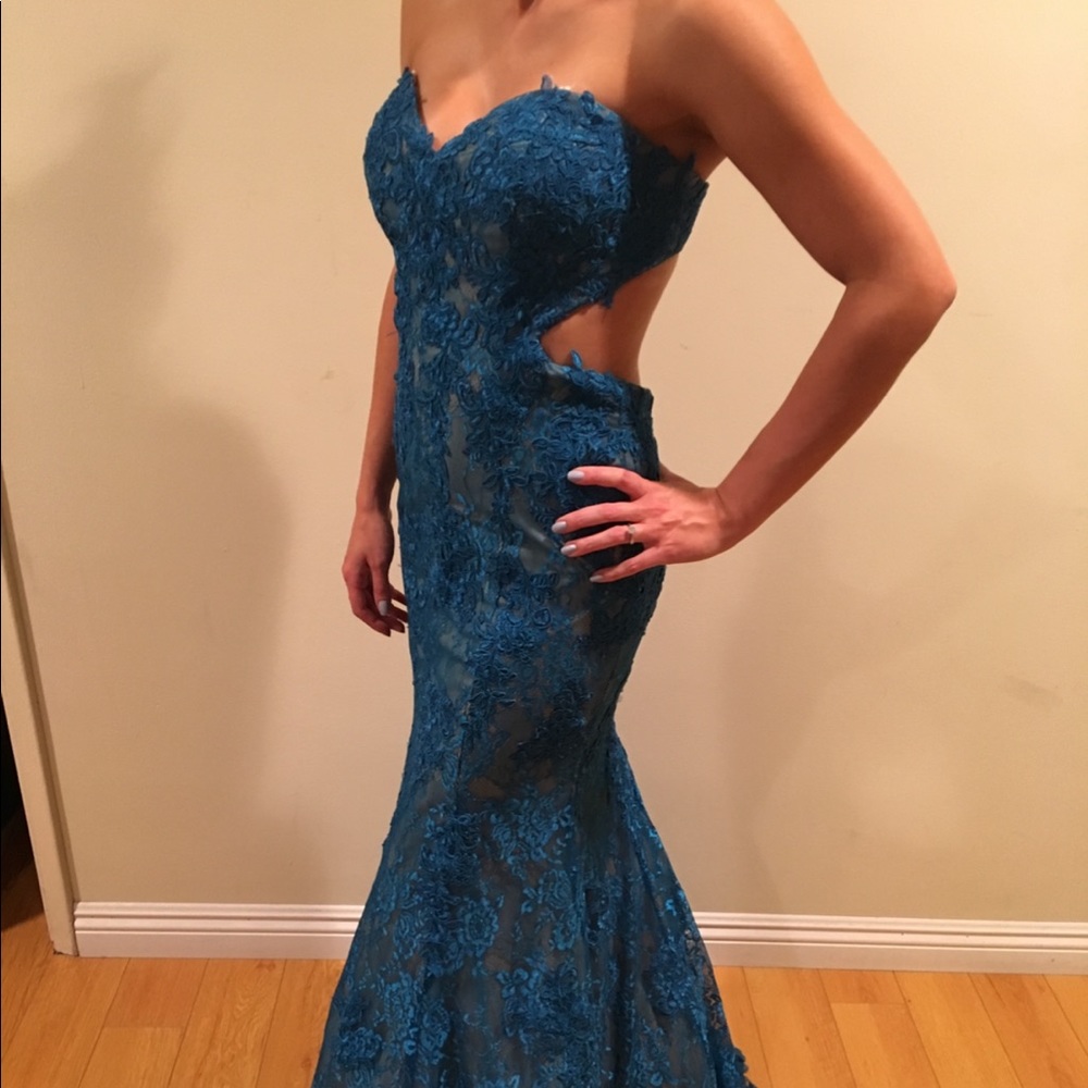 Strapless blue evening gown